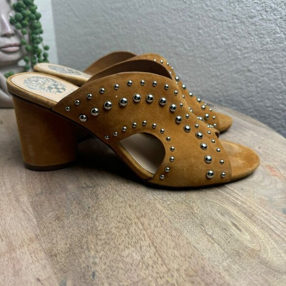 Vince Camuto Jorlyn Studded Leather‎ Block Heel Sandals Size 7M Tan Women Mules - Picture 6 of 11